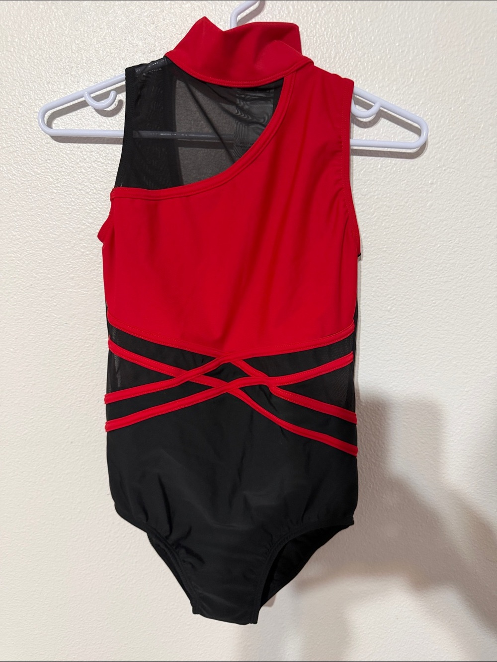 Women's Red & Black Asymmetrical Mesh leotard